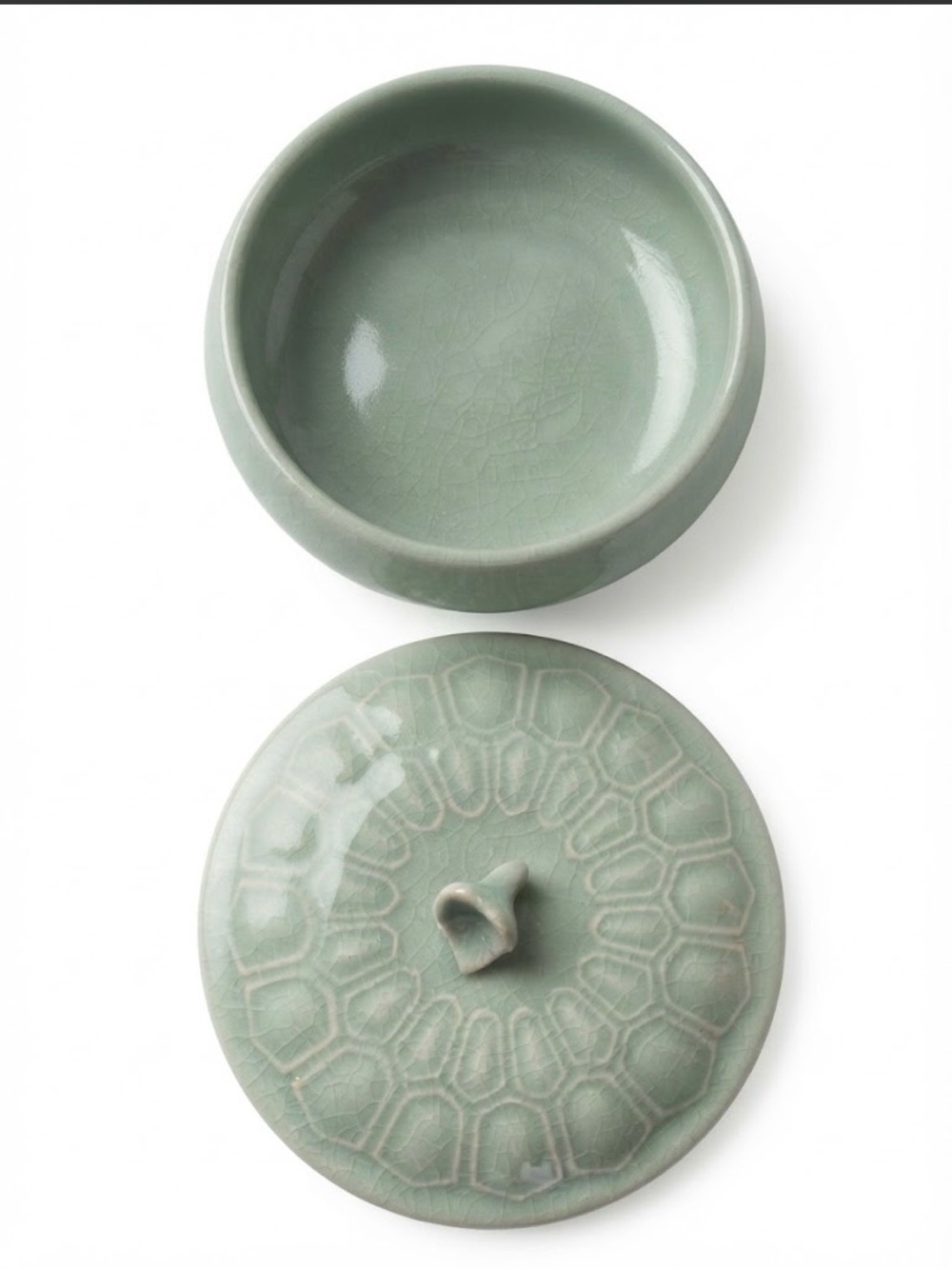 Vtg Celadon Green Crackle Glaze Lidded Jar | Trinket Dish | Asian Pottery READ